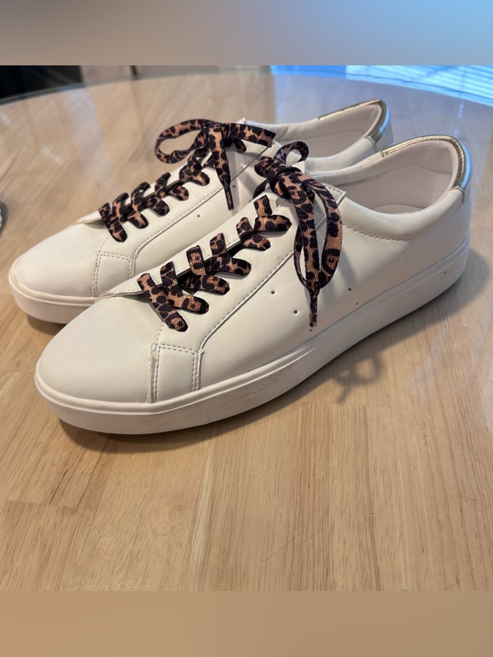 Steve Madden White Leather Lace-Up Sneakers with Leopard Print Laces Size 10